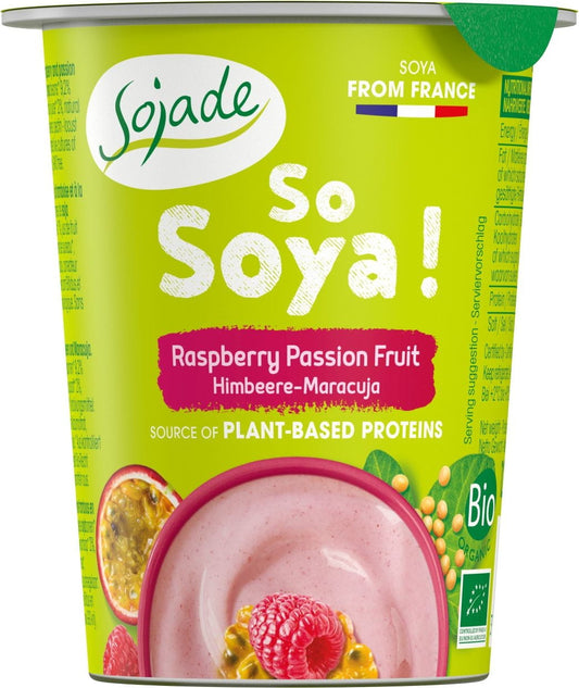 Glutenfreies Himbeer-Sojaprodukt von SOJADE, 125 g, mit frischen Himbeeren und cremiger Sojabasis, in Bio-Qualität.