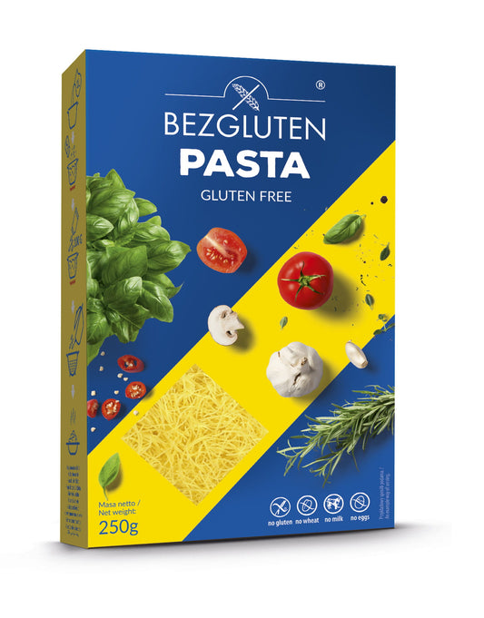 Glutenfreie Nudeln mit dünnem Faden in 250 g Packung von BEZGLUTEN, vegetarisch und glutenfrei, auf weißem Hintergrund.