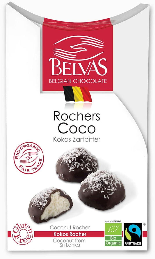Belgische Pralinen von BELVAS mit Kokosfüllung, glutenfrei, fair gehandelt, BIO, 100 g, elegante Verpackung, Nahaufnahme