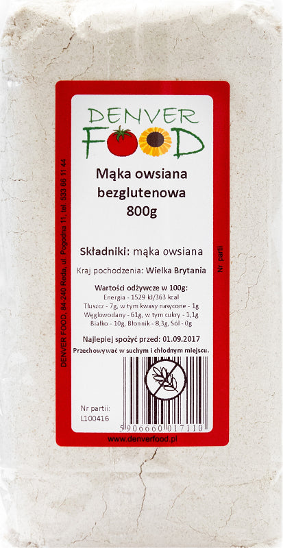 Glutenfreies Hafermehl von Denver Food in 800g Packung, feines, naturbelassenes Hafermehl für Backrezepte und Kochen.