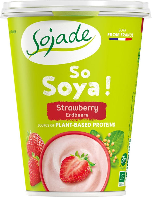 Glutenfreies Soja-Erdbeerprodukt BIO von SOJADE, 400 g, mit frischen Erdbeeren und Soja, in einer transparenten Verpackung.