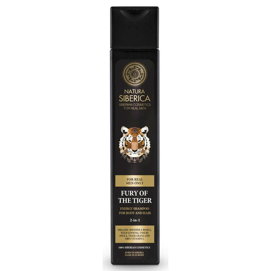 Energisches Haarshampoo Natura Siberica MEN EKO 250 ml, Flasche mit grünem Shampoo und naturbelassenem Verpackungsdesign