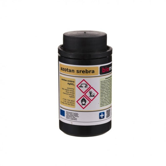 Silbernitrat 50g von BIOMUS, chemisches Reagenz in transparentem Behälter, geeignet für Laboranwendungen und chemische Experimente.
