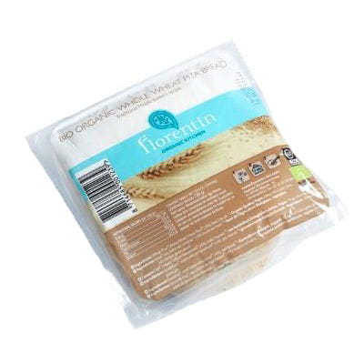 Braunes Bio-Fladenbrot von FLORENTIN, 280 g, frisch gebacken, mit knuspriger Kruste und weichem Inneren, auf einem Holzbrett.