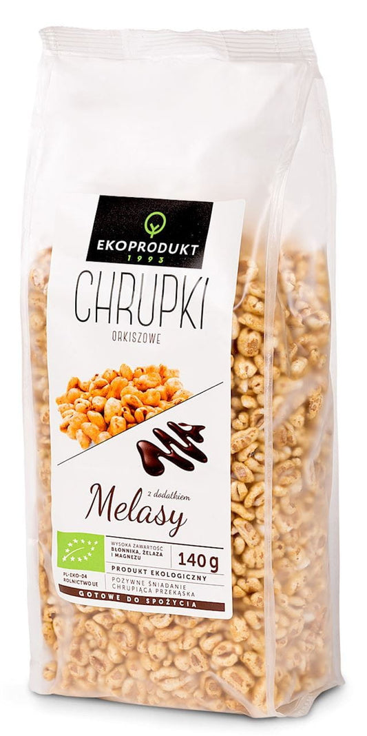 Bio Dinkelchips mit Melasse von EKOPRODUKT, knusprige und aromatische Snacks in 140 g Verpackung.