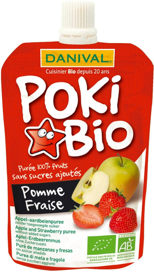 Bio Apfel-Erdbeer-Püree von DANIVAL, 100% Frucht, ohne Zuckerzusatz, in 90 g Packung, zeigt fruchtiges Püree in Glas.