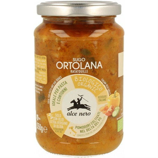 Bio-Gemüse-Ratatouille-Sauce von ALCE NERO, 350 g, mit frischen, bunten Gemüsesorten in einer aromatischen Soße.