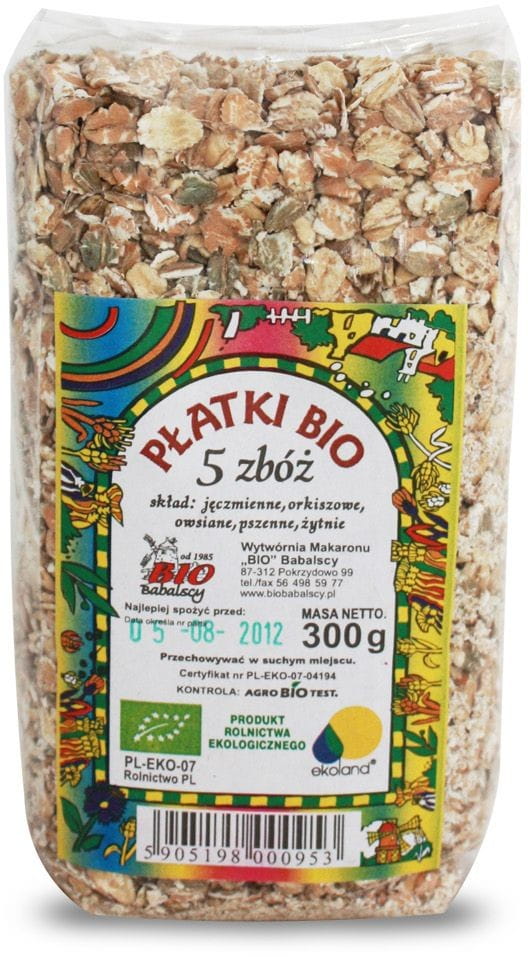Bio Getreideflocken von 5 Sorten in 300 g Packung, mit bunten Getreidekörnern, für Frühstück oder Backen.