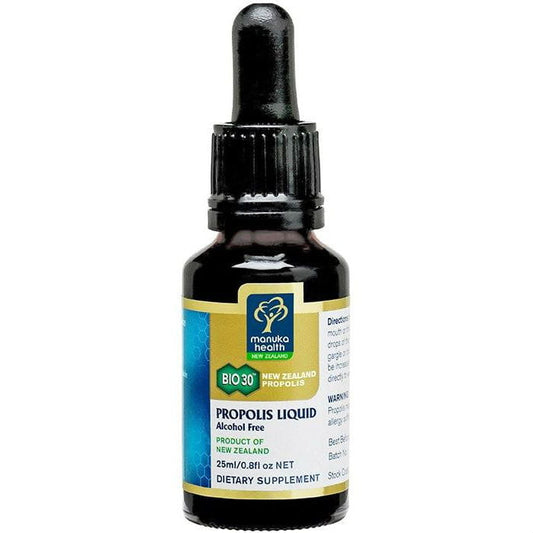 Bio30 Propolistropfen von MANUKA HEALTH NEW ZELAND in 25ml Flasche, zeigt die Tropfen in einer dunklen Glasflasche.