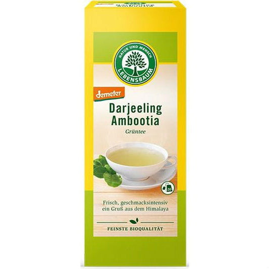 Bio Grüner Darjeeling Tee im Teebeutel von LEBENSBAUM, 20 Stück à 15 g, frischer grüner Tee in Verpackung sichtbar