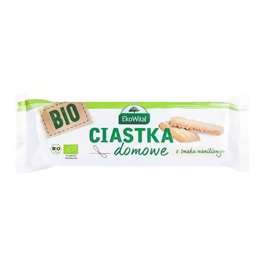 Hauseigene Bio-Shortbread Kekse mit Vanillegeschmack von EKOWITAL, 150 g, knusprige Kekse auf einem weißen Teller.