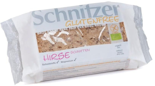Glutenfreies Bio-Hirsebrot von SCHNITZER, 250 g, frisch gebacken, mit goldener Kruste und weichem Inneren.