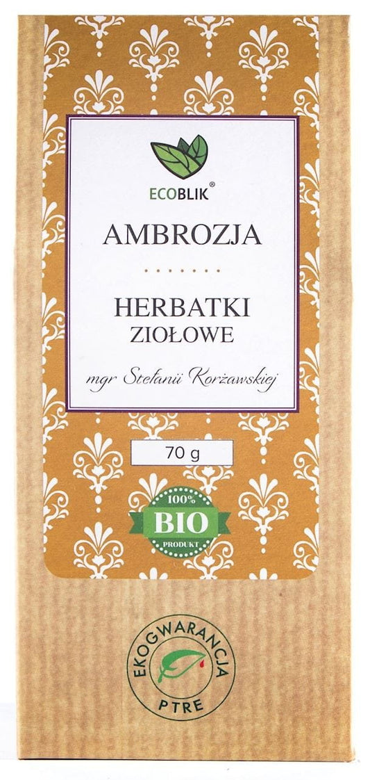 Bio Ambrosia-Tee von ECOBLIK in 70 g Verpackung, zeigt eine Tasse mit frisch gebrühtem Kräutertee auf einem Tisch