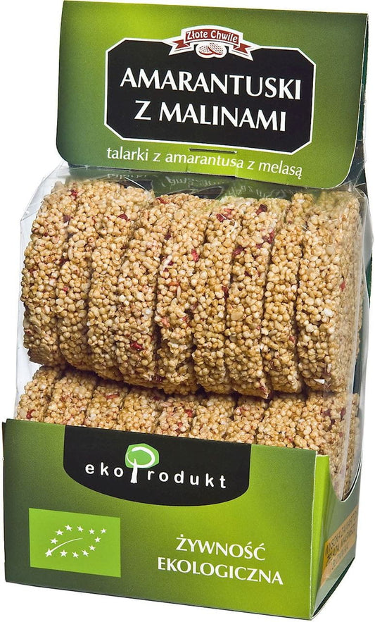 Bio Amaranth mit Himbeeren von EKOPRODUKT, 90 g, zeigt das Verpackungsdesign mit frischen Himbeeren und Amaranth.