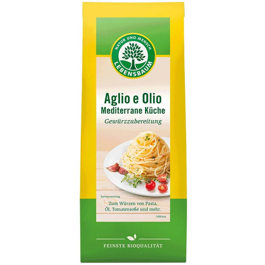 Bio-Gewürz für mediterrane Küche von LEBENSBAUM, 40 g, mit frischen Kräutern und Gewürzen in einer offenen Packung.