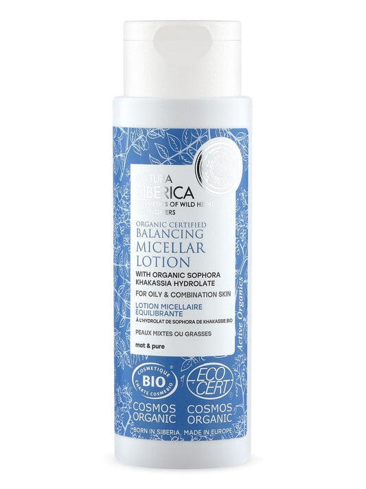 Eco Mizellenwasser 150 ml von NATURA SIBERICA für fettige und Mischhaut, zeigt die Flasche mit transparentem Fluid und Produktbeschreibung