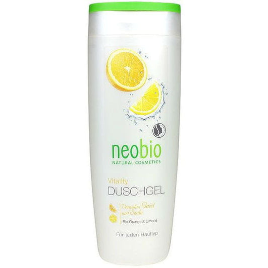 NEOBIO Duschgel mit Orangen- und Zitronenextrakten, 250 ml, Flasche mit orangefarbener Verpackung und Zitrusfrüchten.