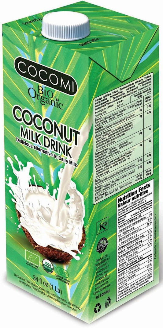 BIO-Kokosgetränk von COCOMI in einer 1000 ml Flasche, cremiges Kokosnussdrink mit natürlicher Textur, ideal für nachhaltigen Genuss