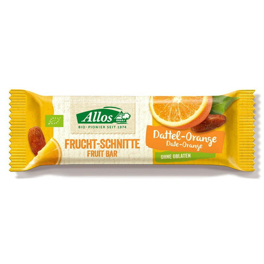 Bio-Dattelriegel mit Orangengeschmack von ALLOS, 30 g, frisch und naturbelassen, zeigt den runden Riegel mit Orangenschale.