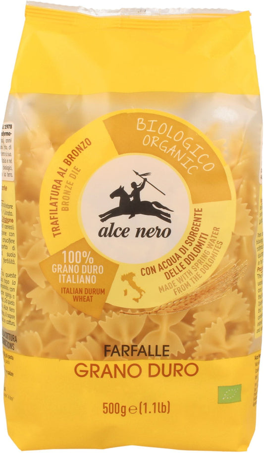 Bio Farfalle Pasta von ALCE NERO, 500 g, aus Hartweizengrieß, ungekocht, in einer transparenten Verpackung sichtbar
