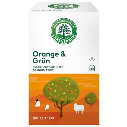 Grüner Tee mit Orange von LEBENSBAUM, 20 Beutel à 15 g, in einer transparenten Verpackung, frische Teeblätter mit Orangestück.