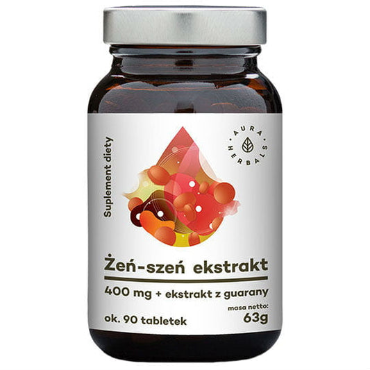 Ginseng- und Guarana-Extrakt in 90 Tabletten, AURA HERBALS, natürliche Nahrungsergänzung, Tablettenpackung auf weißem Hintergrund