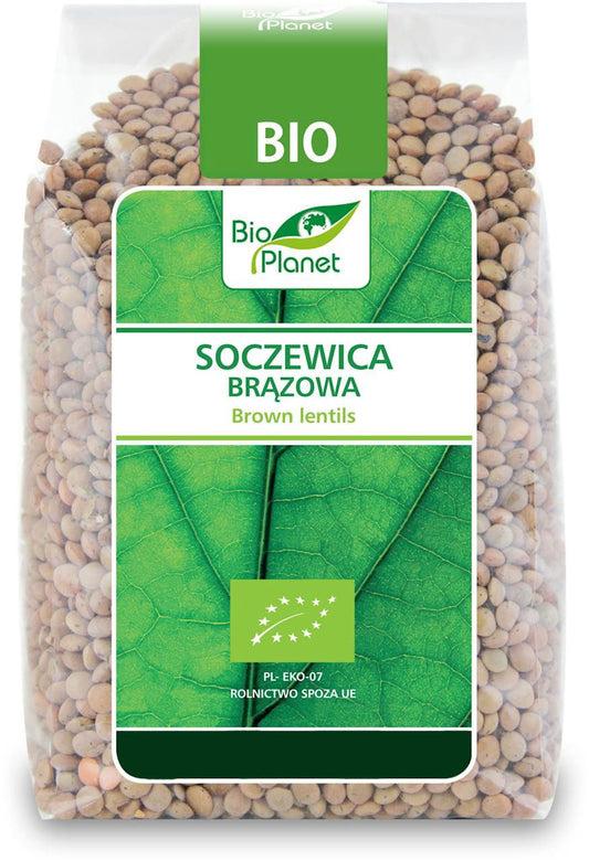 Braune Bio-Linsen von BIO PLANET in 400 g Packung, getrocknete Linsen für gesunde Mahlzeiten, Nahaufnahme der Linsen in der Packung