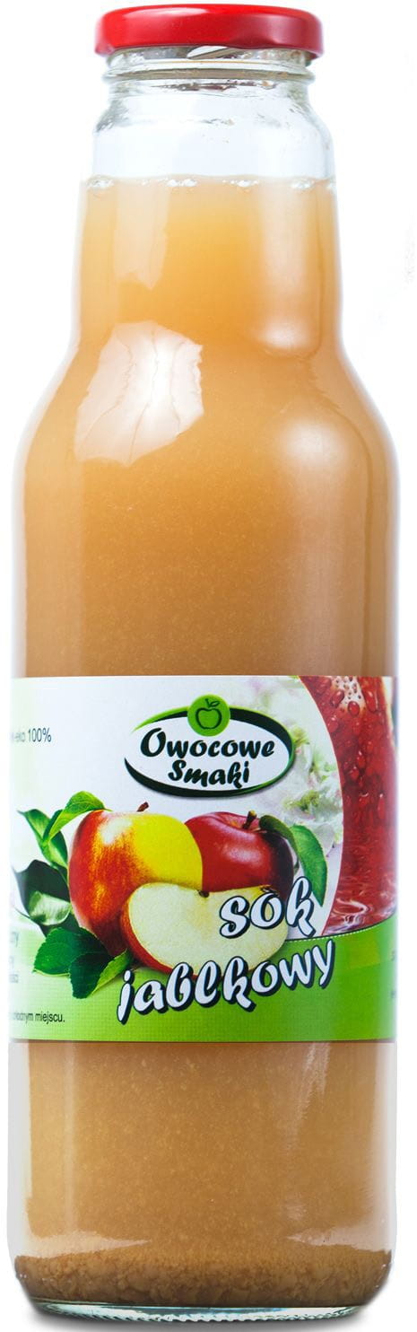 Bio Apfelsaft von OWOCOWE SMAKI in 750 ml Flasche, frisch und fruchtig, zeigt die klare, goldene Flüssigkeit in einer Flasche