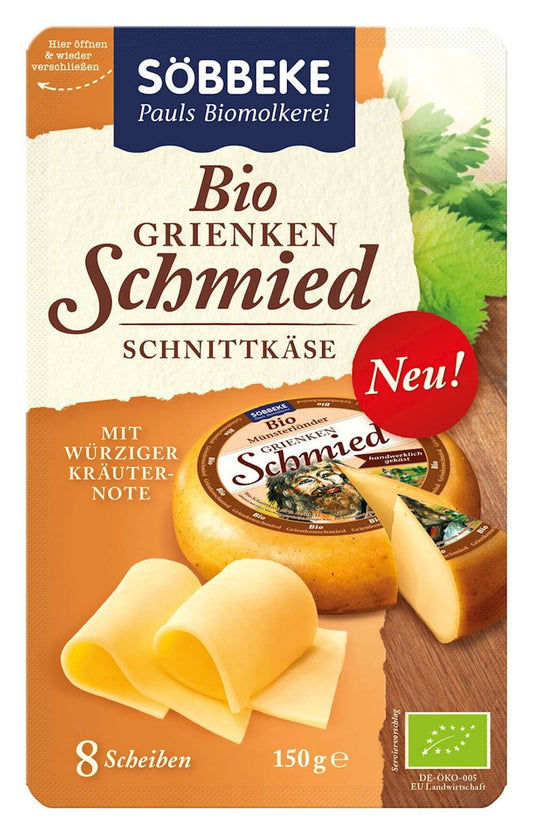Gereifte BIO-Käsescheiben von SOBBEKE, 150 g, auf einem Teller, mit sichtbaren Käsescheiben und natürlicher Textur