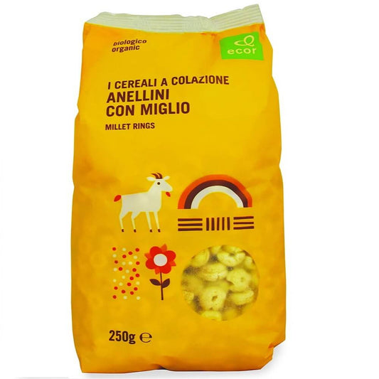 Bio Frühstückszerealien mit Hirse von ECOR in einer 250 g Packung, Nahaufnahme der Verpackung und Produktbeschreibung