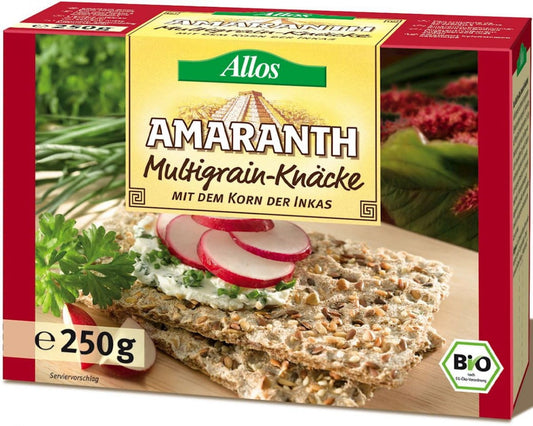 Vollkorn Amaranth Knäckebrot von ALLOS, BIO, 250 g, knuspriges Mehrkornbrot mit Amaranth auf einem Teller liegend