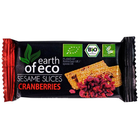 Glutenfreie Cranberry-Sesamsamen BIO von EARTH OF ECO, 18 g, Nahaufnahme der Samen in einer transparenten Verpackung