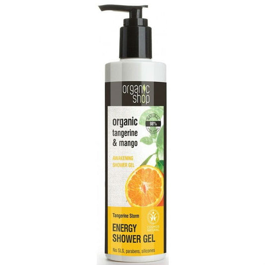 Erfrischendes ORGANIC SHOP Duschgel Mandarinensturm in 280 ml Flasche mit Mandarinen- und Zitrusfrucht-Design.