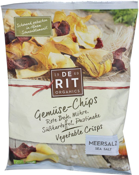 Gemüsechips mit Meersalz von DE RIT, BIO 75 g, knusprige Gemüsescheiben in einer offenen Packung.