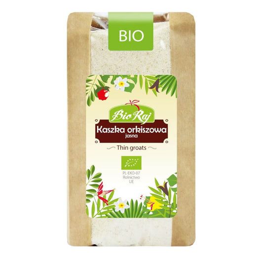 Heller Dinkelbrei BIO von BIO RAJ, 500 g, cremige Konsistenz, ideal für gesunde Mahlzeiten, in einer transparenten Verpackung