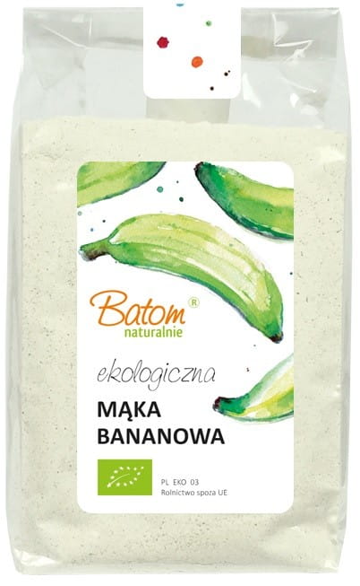 Bio Bananenmehl von BATOM, 250 g, feines, gelbes Bananenmehl in einer Verpackung, ideal für Backen und Kochen.