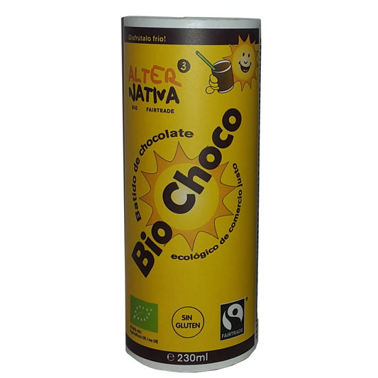 Bio glutenfreies Kakaomilchgetränk von ALTERNATIVA in 230 ml Flasche, zeigt die Verpackung mit Kakao-Getränk.