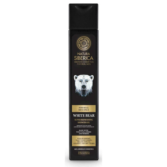 EKO erfrischendes Duschgel für Männer von Natura Siberica, 250 ml Flasche mit grüner Verpackung und Produktbeschreibung auf der Verpackung