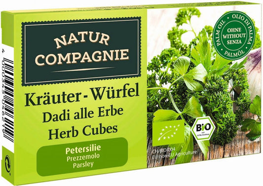 Bio Kräuterwürfel mit Petersilie von NATUR COMPAGNIE, 80 g, close-up auf die Verpackung mit Kräuterwürfeln.